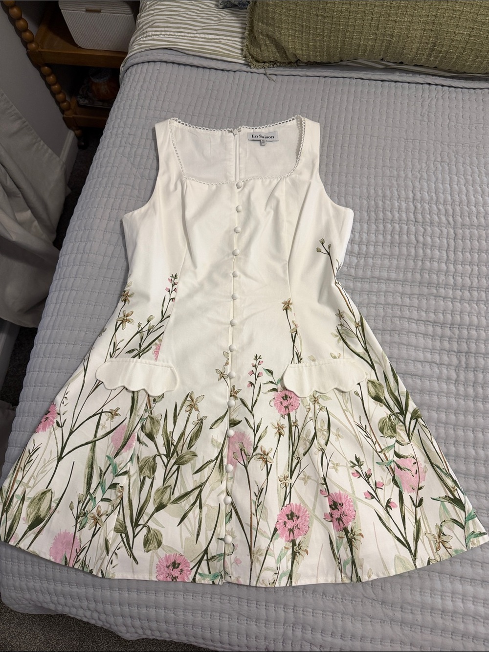 White Floral Button-Front Sundress with Pink & Green Print